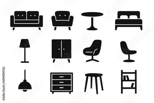 Minimalist home furniture icon set. Modern silhouettes for interior design. Vector graphic collection of isolated objects like sofa, chair, table, bed, lamp, and cabinet.