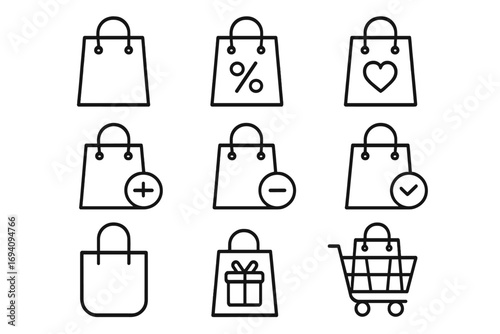 Shopping bag line icon set. E-commerce and online store symbols. Add to cart, checkout, discount, sale, gift and wishlist signs. Vector graphic for web, app, UI, UX design.