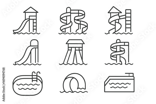 Water slide icon bundle set with thin lines, editable stroke vector, cartoon style amusement park slides, playground climbing, summer fun, web and app design, transparent background