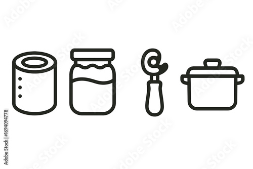 Kitchenware and canning icons set. Vector line art illustration. Food preservation, cooking essentials. Tin can, jam jar, can opener, pot pictogram. Minimalist symbols.