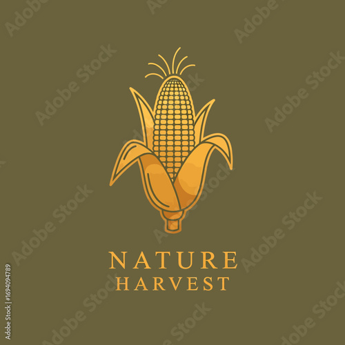 A stylized golden corn illustration with the words "Nature Harvest" on a green background.