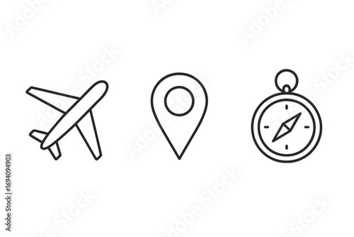 Travel icon set with plane, map pin, and compass. Outline symbols for navigation, location, and destination. Vector line art for web, app, and graphic design projects.