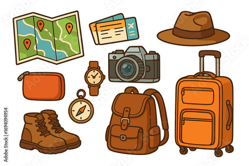 Travel preparation essentials with map, airplane tickets, camera, hiking boots, suitcase, backpack, compass, watch, and traveler hat. Adventure gear set illustration, cartoon style, vector clipart.