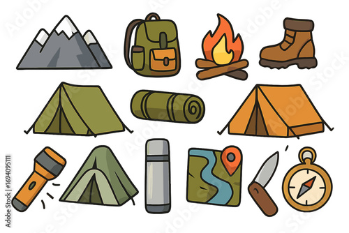Various camping gear icons collection including mountains, fire, boots, tents, flashlight, map, knife, compass, backpack, and thermos for outdoor adventure and hiking vector illustration