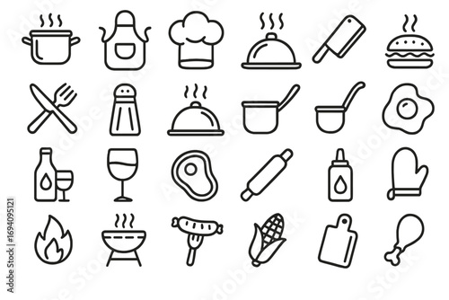 Kitchen and cooking line icon set. Food and barbecue outline signs. Restaurant, grill, chef symbols. Vector pictogram pack for web, menu, recipe cards and app design.