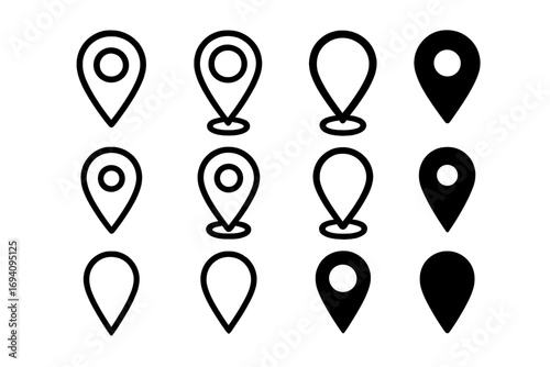 Map pin icon set. Location marker and pointer symbols for navigation and GPS. Destination and position place icons for web design, apps, ui, ux. Vector line and glyph collection.