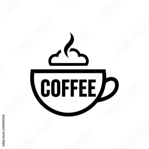 A simple black line art icon of a steaming coffee cup with the word COFFEE written across it.