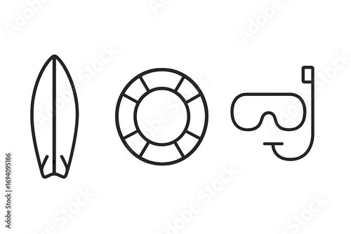 Summer beach vacation icon set. Line art icons of surfboard, lifebuoy, and diving mask for water sports. Minimalist vector pictogram for web design, apps, and travel.