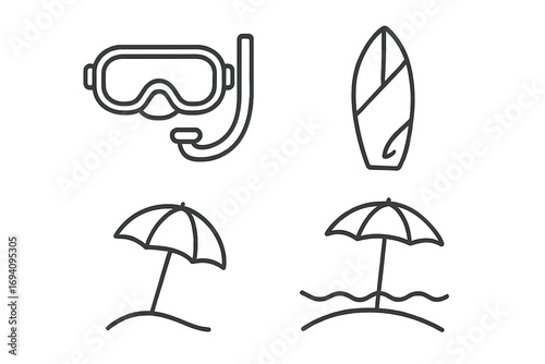 Snorkeling mask surfboard beach umbrella icons. Line art symbols for summer vacation, seaside, water sports activities, beach trip, swimming, surfing, holiday travel graphic design, web illustration