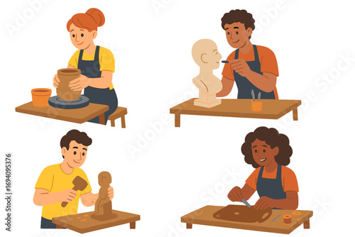 Creative Workshop Craft Activities Vector Cartoon Illustration Showing Pottery Making, Sculpting Busts and Figures, and Detailed Leatherwork Artisanship in Studio Setting