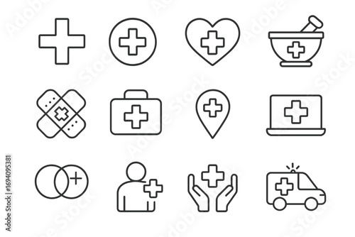 Medical cross and healthcare line icons set. Outline symbols for graphic design, web, apps, print, emergency, clinic location, first aid, hospital ambulance, pharmacy, bandage, hands, medical staff.