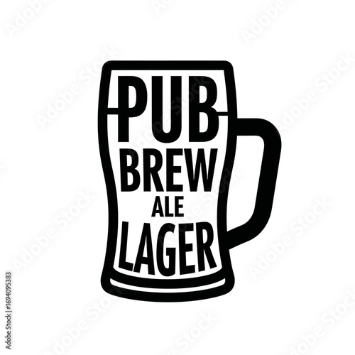 A black and white typographic logo of a beer mug with the words Pub, Brew, Ale, and Lager inside.