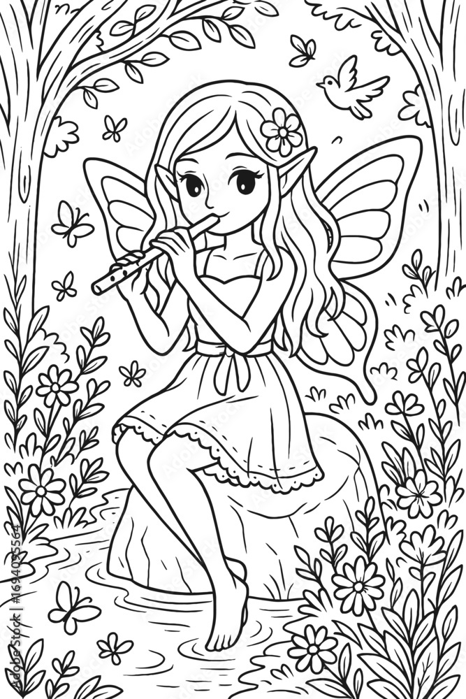 Fototapeta premium Enchanting fairy with flute sitting by stream in forest coloring page art