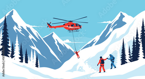 Mountain rescue helicopter operations saving a hiker from snowy peaks