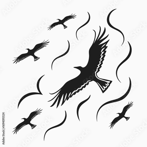 Birds soaring with abstract curves flying