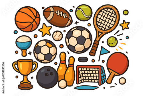 Colorful cartoon sports equipment collection with basketball, soccer ball, tennis racket, bowling pins, trophy, ping pong paddle, baseball, football, and hockey puck on white background