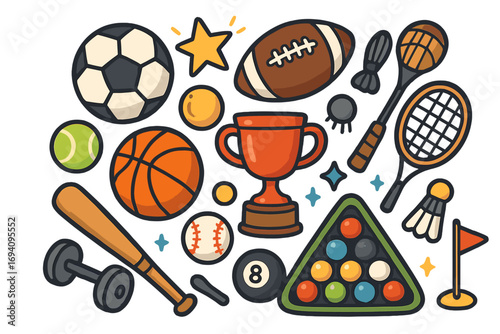 Various sports equipment and game elements collection with trophy and balls in playful cartoon style, leisure and competition items, vector illustration on white background