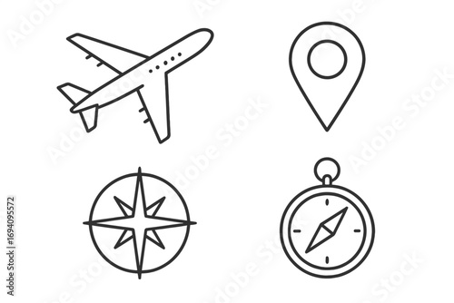 Travel & navigation line icon set. Airplane, map pin, compass rose symbols. Vector outline signs for journey, destination, location, direction, exploration, and tourism concepts.