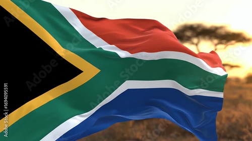 Majestic South African flag waves vibrantly against a golden sunset savanna backdrop, symbolizing national pride and African spirit