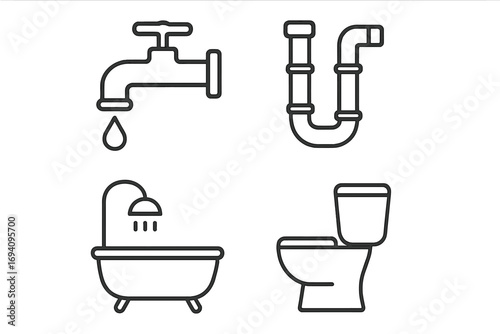 Plumbing and Bathroom Fixtures Line Icons Set. Minimalist Vector Illustrations of Faucet with Drop, Water Pipes, Bathtub with Shower, and Toilet for Web, Apps, Banners, Home Repair Concepts