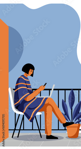 Woman working remotely on her laptop and smartphone from a sunny balcony. Illustrates modern work-life balance, freelancing, and digital connectivity.