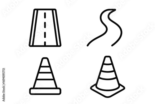 Traffic cone and road line icon set. Highway, path, street graphic elements. Simple outline vector symbols for direction, navigation, safety, warning, and under construction concepts.