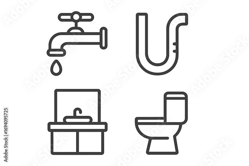 Minimalist linear plumbing icons set. Water faucet drip, U-shaped pipe, bathroom sink cabinet, toilet bowl. Outline pictograms for web, app, banner, infographic, cleaning, repair, sanitation concept.