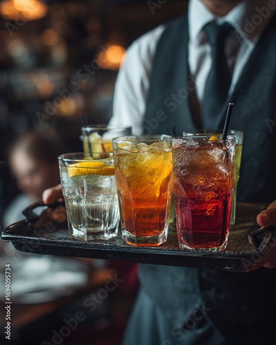 Waiter Serving Colorful Refreshing Drinks on a Tray in a Bar