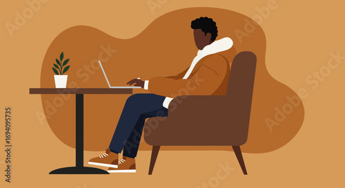 A man works on his laptop in a cozy setting, ideal for remote work, study, or online business. Represents productivity and modern lifestyle.