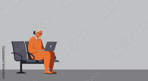 Elderly woman actively using a laptop while waiting in a modern public space. Represents technology adoption, productivity, and connectivity for seniors.