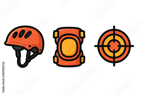 Roller skating gear icon set with helmet & knee pads for safety. Vector cartoon illustration of protective equipment. Target symbol for sport goals or roller derby concept.
