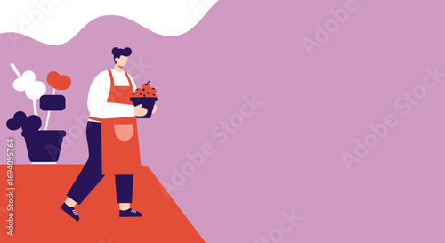 Person in a red apron carrying a pot of fresh berries, illustrating gardening, farming, or a small business. Ideal for nature, lifestyle, or healthy eating concepts.