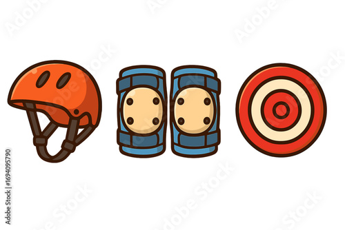 Roller skating gear icon set with helmet, knee pads. Vector cartoon illustration of skater protection equipment. Concept for sports goal, hitting target, achievement. Safety kit.