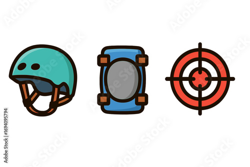 Vector icon set of sports safety gear. Includes roller skating helmet, knee pad protection, and a target symbol for goals. Cartoon illustration for outdoor activity concept.