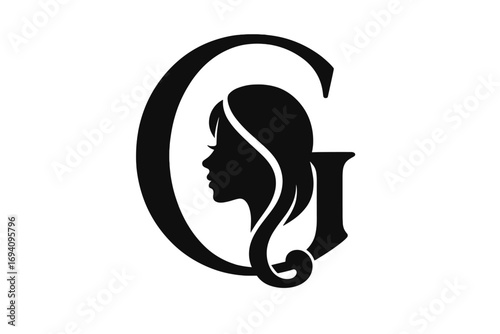 Elegant Female Silhouette Logo Design with Flowing Hair Inside Stylized Letter G, Feminine Beauty Icon, Vector Cartoon Illustration with Transparent Background for Branding and Fashion