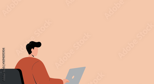 Minimalist illustration of a person working remotely on a laptop. Depicts productivity, online learning, or freelance work in a modern digital environment.
