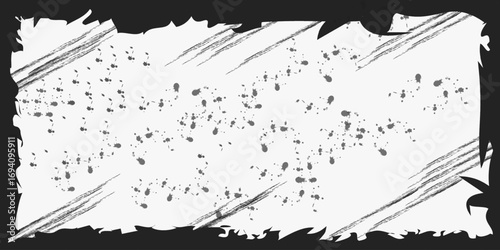 Monochrome grunge banner with torn paper effect and distressed frame, featuring scattered specks for a vintage, retro design element