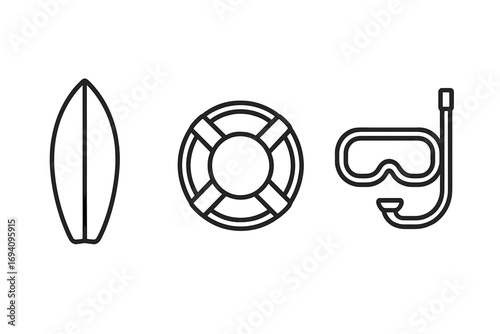 Minimalist Surfboard Lifeline Diving Mask Line Icons Set. Thin Linear Water Sports Equipment, Beach Safety Gear, Snorkeling Simple Pictograms for Web Design, Apps, Social Media, Graphic Banners