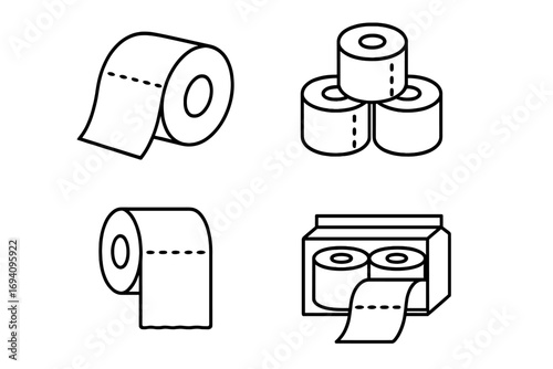 Toilet paper roll icons set, thin line minimal style, editable stroke, hygiene bathroom supplies, toilet tissue vector illustration, packaging, single and multipack, outline, transparent background