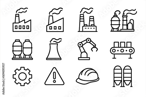 Factory and industry line icon set. Manufacturing, production, and power plant outline icons. Vector symbols for automation, engineering, energy, and construction.
