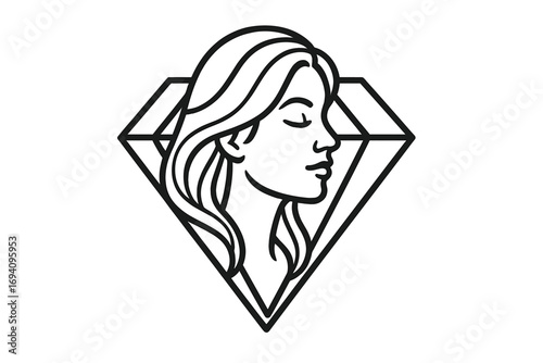 Elegant linear style diamond frame with beautiful woman profile logo, minimalist vector illustration, female face silhouette, luxury jewelry concept, transparent background