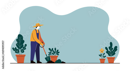 Person in hat and overalls gardening, digging soil for potted plants. Captures growth, sustainable living, and connection to nature, suitable for lifestyle and environmental themes.