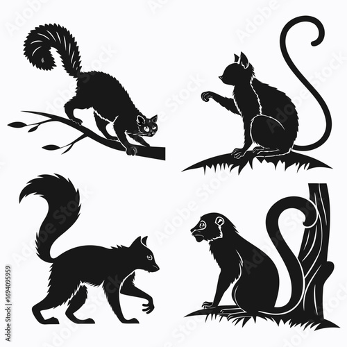 Black animal silhouettes with bushy and curled tails