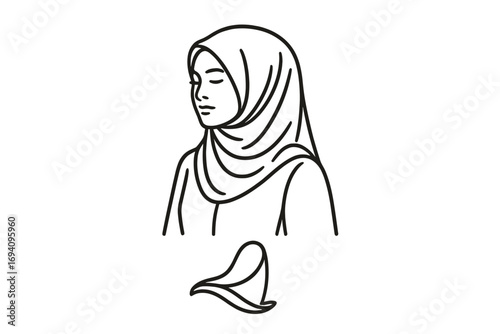Muslimah woman wearing hijab line art illustration, elegant female portrait with scarf, fashion logo design vector, cartoon style, minimalistic outline, modest clothing concept, transparent background