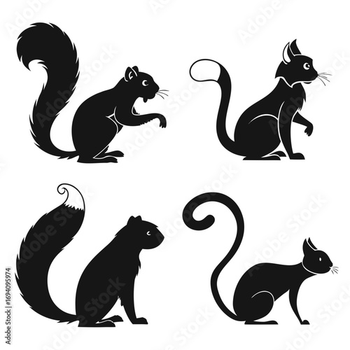 Black animal silhouettes with bushy tails squirrel