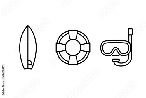 Summer beach vacation icon set with surfboard, lifebuoy, and snorkel mask. Water sports and safety concept. Sea and ocean recreation line art vector symbols for web design.