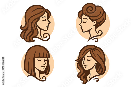 Beauty salon woman hairstyle logo design, vector cartoon illustration set of elegant female profiles with various trendy haircuts, brown hair, side view, transparent background