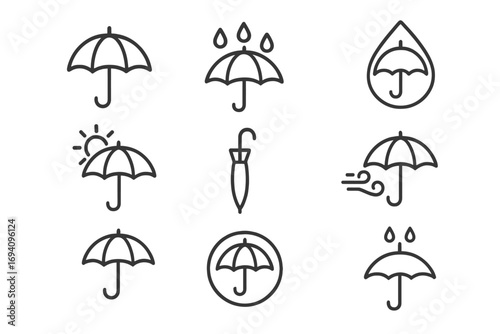 Umbrella line icon set outline symbols for weather protection, forecast, rain, wind, sunshine, climate, graphic design, web, apps, adverts, cards, transparent background, vector cartoon illustration