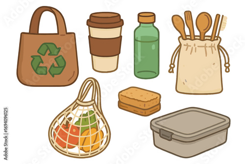 Eco-friendly daily life tools and reusable containers for sustainable living, zero waste lifestyle, natural fiber bags, bamboo utensils, glass bottle, sponge, and lunch box illustration