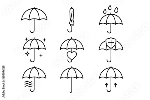 Umbrella line icon collection, outline vector set of umbrella symbols for web graphic design, mobile apps, advertising, cards, rainy weather protection, safety, healthcare, insurance concepts